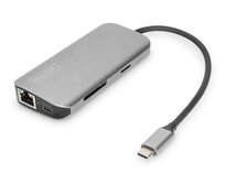 Digitus 8portová dokovací stanice USB-C, 2xUSB3.0, 1xRJ45, 2xHDMI, 1xPD, 1xMicro SD, 1xSD, šedá