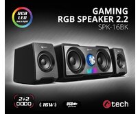 C-TECH reproduktory SPK-16, 2.2, 16W,  RGB podsvícení, 3,5mm jack, USB napájení, černé