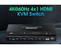 PremiumCord 4K@60Hz HDMI2.0 KVM switch 4:1 s dálkovým ovladačem