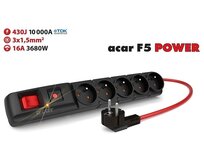 Acar F5 10m kabel, 5 zásuvek, přepěťová ochrana, max.proud 16A, černý
