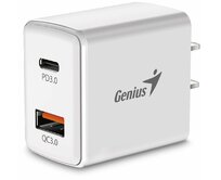 Genius PD-20AC, Napájecí adaptér, síťová nabíječka, 1× USB, 1× USB-C, 3A, Quick Charge 3.0, PD 3.0, 20W,100–240V, Bílá