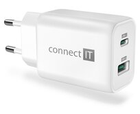 CONNECT IT Wanderer2 GaN nabíjecí adaptér 1×USB-C + 1xUSB-A, 33W PD, BÍLÝ