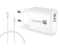 CONNECT IT DUPLEX Nabíjecí adaptér 1xLightning + 1×USB-C, 20W, kabel 27W, BÍLÝ