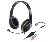 Genius HS-400A Headset, herní, drátový, náhlavní, mikrofon, ovládání hlasitosti, 2× 3,5mm jack, redukce na 1× 3,5mm, černo-zelená