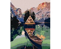 Zuty - Malování podle čísel - PRAMICE U CHATKY NA JEZEŘE V HORÁCH 40x50 cm bez rámu a bez vypnutí plátna