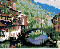 Zuty - Malování podle čísel - ŘEKA MEZI DOMY A OBROSTLÝ MŮSTEK 40x50 cm vypnuté plátno na rám