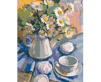 Zuty - Malování podle čísel - KOPRETINY VE VÁZE NA MODRÉM UBRUSU 40x50 cm bez rámu a bez vypnutí plátna