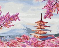 Zuty - Malování podle čísel - JAPONSKO CHRÁM A RŮŽOVÉ KVĚTINY 40x50 cm vypnuté plátno na rám
