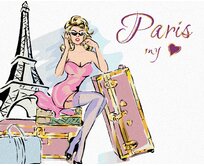 Zuty - Malování podle čísel - ŽENA S KUFRY U EIFFELOVY VĚŽE 40x50 cm vypnuté plátno na rám