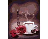 Zuty - Malování podle čísel - KÁVA, RŮŽE A MALÁ EIFFELOVA VĚŽ 40x50 cm vypnuté plátno na rám