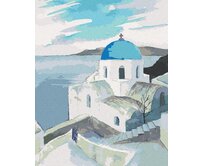 Zuty - Malování podle čísel - KOSTEL S MODROU KOPULÍ NA SANTORINI 40x50 cm vypnuté plátno na rám