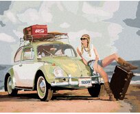 Zuty - Malování podle čísel - ZELENÉ AUTO BROUK A ŽENA S KUFREM 40x50 cm vypnuté plátno na rám