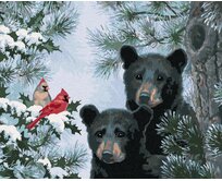 Zuty - Malování podle čísel - MLÁĎATA MEDVĚDA A PTÁK KARDINÁL V ZIMĚ (ABRAHAM HUNTER) 40x50 cm bez rámu a bez vypnutí plátna