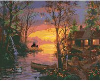 Zuty - Malování podle čísel - ZÁPAD SLUNCE U ŘEKY, MEDVĚĎI, KACHNY A CHATA (ABRAHAM HUNTER) 40x50 cm vypnuté plátno na rám