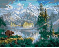 Zuty - Malování podle čísel - MEDVĚD S MLÁĎATY, JEZERO A HORY (ABRAHAM HUNTER) 40x50 cm vypnuté plátno na rám