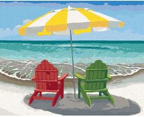 Zuty - Malování podle čísel - DŘEVĚNÁ ŽIDLE S DEŠTNÍKEM NA PLÁŽI (ROBERT JOHNSON) 40x50 cm bez rámu a bez vypnutí plátna