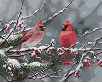 Zuty - Malování podle čísel - PTÁK KARDINÁL NA ZASNĚŽENÉ VĚTVI V ZIMĚ (ABRAHAM HUNTER) 40x50 cm bez rámu a bez vypnutí plátna