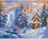 Zuty - Malování podle čísel - SRNEC, CHATA V HORÁCH A ŘEKA V ZIMĚ (ABRAHAM HUNTER) 40x50 cm vypnuté plátno na rám