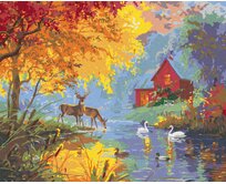 Zuty - Malování podle čísel - SRNEC, KACHNA A LABUŤ NA RYBNÍKU NA JAŘE (ABRAHAM HUNTER) 40x50 cm bez rámu a bez vypnutí plátna