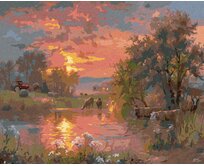 Zuty - Malování podle čísel - KRÁVY U RYBNÍKU A ZÁPAD SLUNCE (ABRAHAM HUNTER) 40x50 cm bez rámu a bez vypnutí plátna
