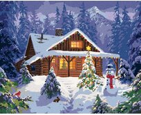 Zuty - Malování podle čísel - SNĚHULÁK, VÁNOČNÍ STROM A CHATA S VÁNOČNÍMI SVĚTÝLKY (ABRAHAM HUNTER) 40x50 cm vypnuté plátno na rám