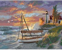 Zuty - Malování podle čísel - PLACHETNICE NA PLÁŽI, MAJÁK A ZÁPAD SLUNCE (ABRAHAM HUNTER) 40x50 cm bez rámu a bez vypnutí plátna