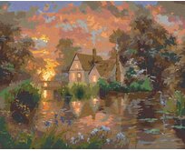 Zuty - Malování podle čísel - VOLAVKA A DŮM U RYBNÍKA A ZÁPAD SLUNCE (ABRAHAM HUNTER) 40x50 cm vypnuté plátno na rám