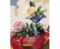 Zuty - Malování podle čísel - ZÁTIŠÍ BÍLÉ A RŮŽOVÉ RŮŽE NA ČERVENÉM UBRUSU (PIETER WAGEMANS) 40x50 cm bez rámu a bez vypnutí plátna