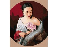 Zuty - Malování podle čísel - ŽENA V PŘEHOZU S PAVÍM VZOREM A KVĚTINA (PIETER WAGEMANS) 40x50 cm vypnuté plátno na rám