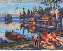 Zuty - Malování podle čísel - LOĎ U MOLA, CHATA A JEZERO (DARRELL BUSH) 40x50 cm bez rámu a bez vypnutí plátna