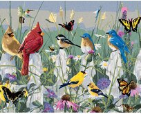 Zuty - Malování podle čísel - ZPĚVNÍ PTÁCI NA PLOTĚ A MOTÝLI (JAMES HAUTMAN) 40x50 cm vypnuté plátno na rám