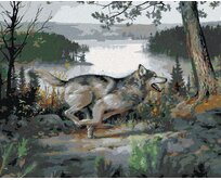 Zuty - Malování podle čísel - VLK V BĚHU, RYBNÍK A STROMY (JOE HAUTMAN) 40x50 cm vypnuté plátno na rám