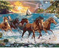 Zuty - Malování podle čísel – KONĚ NA POBŘEŽÍ A MAJÁK PŘI ZÁPADU SLUNCE (IMAGE WORLD) 40x50 cm vypnuté plátno na rám