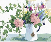 Zuty - Malování podle čísel – KVĚTINY A BŘEČŤAN V KONVICI (JUDY BUSWELL) 40x50 cm vypnuté plátno na rám