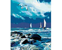 Zuty - Malování podle čísel - PLACHETNICE NA MOŘI A LETÍCÍ RACEK 40x50 cm vypnuté plátno na rám