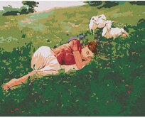 Zuty - Malování podle čísel - SPÍCÍ ŽENA V TRÁVĚ A KŮZLATA 40x50 cm vypnuté plátno na rám