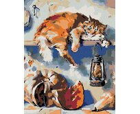Zuty - Malování podle čísel - SPÍCÍ KOCOUR NA POLIČCE VE SPÍŽI 40x50 cm bez rámu a bez vypnutí plátna