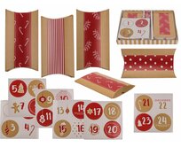 Červený/přírodní barevný adventní kalendář, polštářkové krabičky