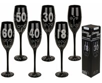 Černá sklenice na šampaňské, stříbrné třpytivé číslo, věk