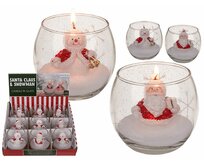 Svíčka ve skle s dřevěným víčkem, Santa a sněhulák