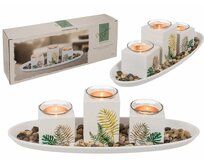 Bílý dřevěný talíř, se 3 držáky na čajové svíčky a dekoračními kamínky, Tropical