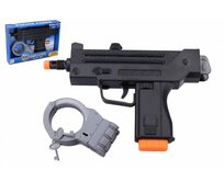 Wiky Pistole/Samopal policejní s pouty plast 24cm na baterie se zvukem se světlem v krabici 26x18x5cm