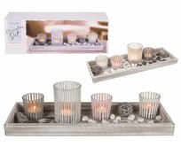 Bílá/přírodně zbarvený dřevěný dekorační tác se svíčkami