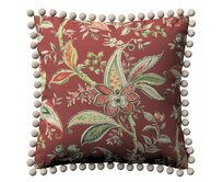 Dekoria Věra - potah na polštář ozdobné bambulky po obvodu, rostlinné a květové vzory na cihlově červeném podkladu, 45 x 45 cm, Gardenia, 142-12