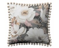 Dekoria Věra - potah na polštář ozdobné bambulky po obvodu, krémové a růžové květy na šedém podkladu, 45 x 45 cm, Gardenia, 142-13