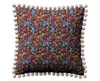 Dekoria Věra - potah na polštář ozdobné bambulky po obvodu, kolorowe kwiaty na czarnym tle, 45 x 45 cm, Intenso Premium, 144-32