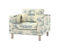 Dekoria Potah na křeslo IKEA Karlstad, krátký, pozadí režné, světle modré postavy, potah na křeslo Karlstad krátký, Avinon, 132-66