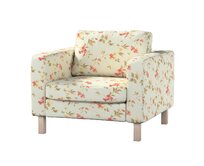 Dekoria Potah na křeslo IKEA Karlstad, krátký, na blankytném podkladu červené, žluté a bílo-šedé květy, potah na křeslo Karlstad krátký, Londres, 143-89
