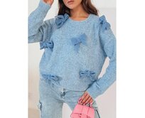 Dámský oversize svetr BOWTONE s mašlemi modrý Modrá, Univerzální