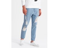 Pánské džínové kalhoty TAPERED FIT s otvory - světle modré V1 OM-PADP-0175 Modrá, XL